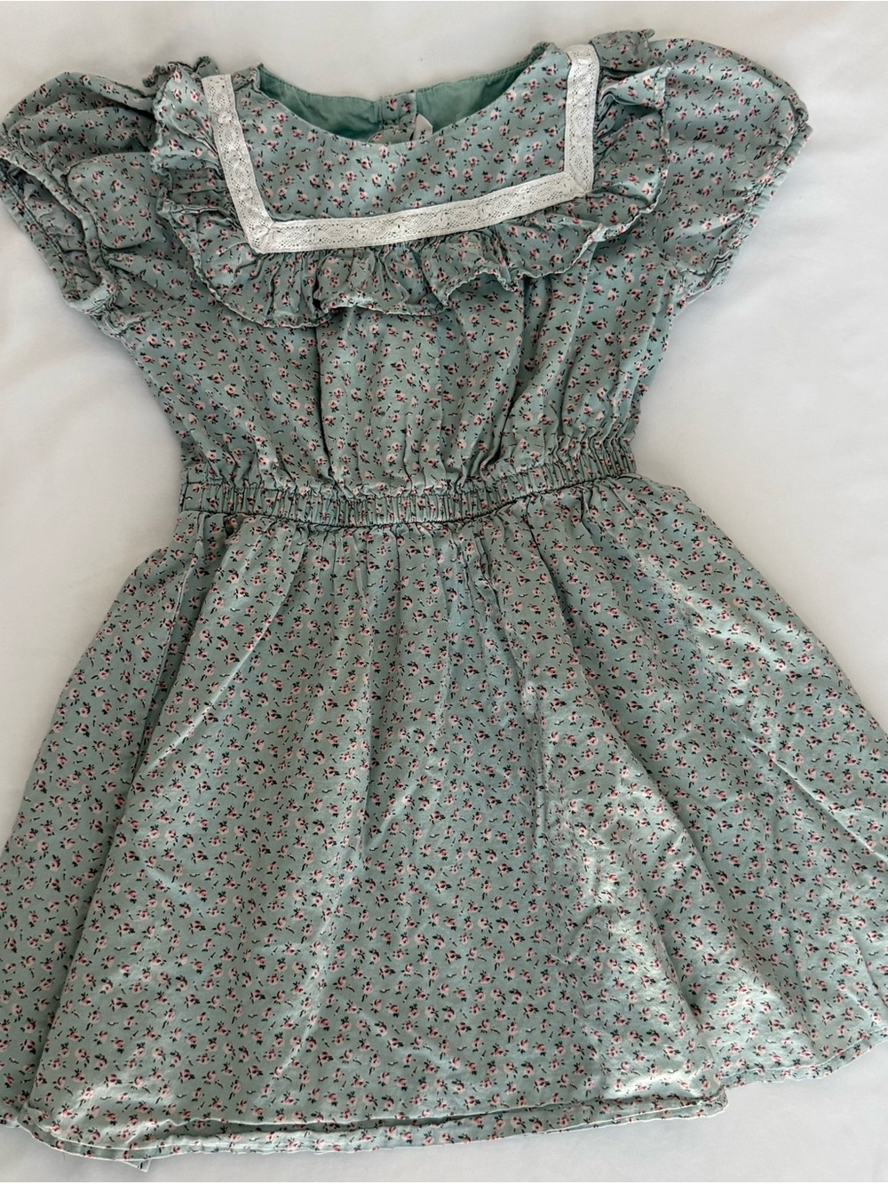 Janie and Jack Mint Floral Ruffle Dress with Lace Trim